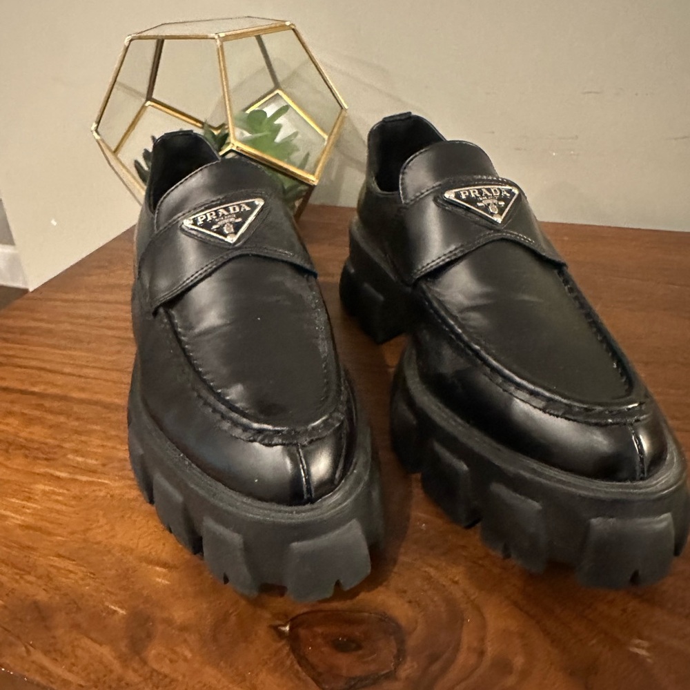 Prada Black Leather Platform Loafers